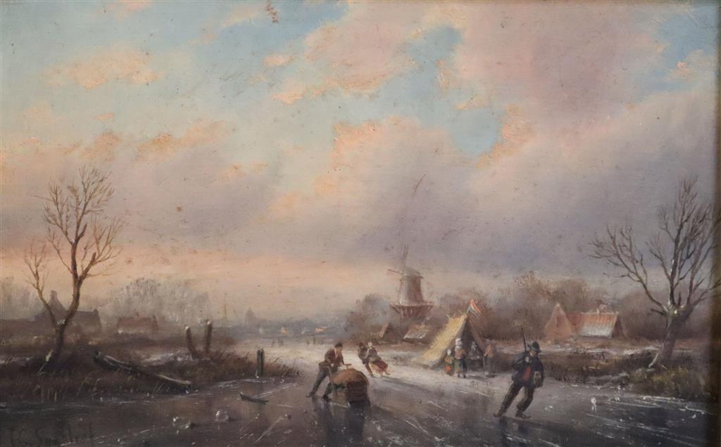 Jan Jacob Spohler (1837-1923) Winter landscape with figures on the ice 6 x 9.25in.